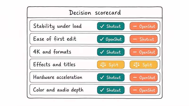 Scorecard comparing OpenShot and Shotcut stability, usability, video, and audio.