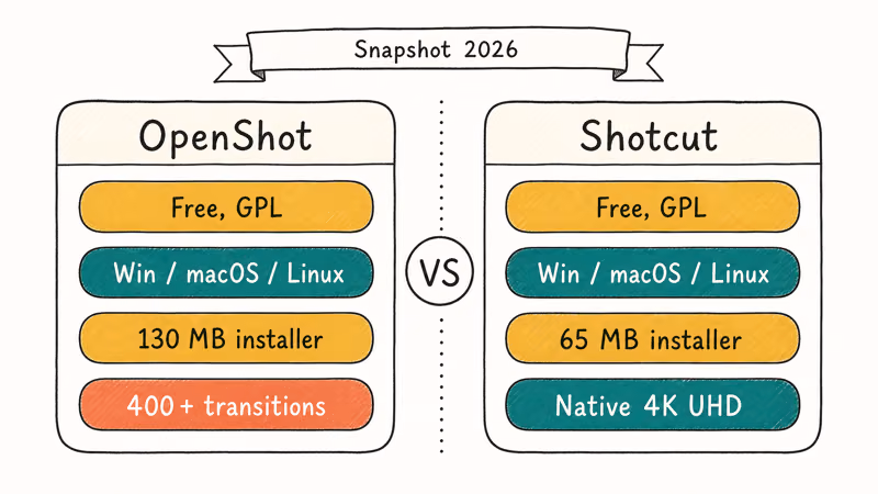Snapshot card comparing OpenShot and Shotcut price, platforms, and features.