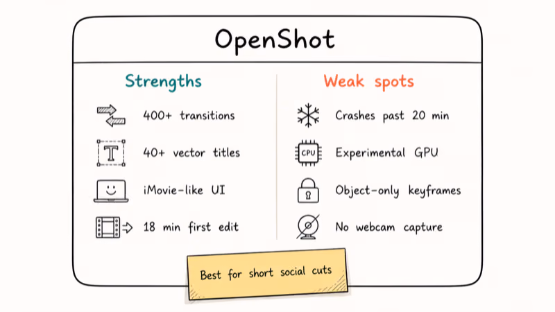 OpenShot strengths card showing transitions, titles, stability, and webcam limits.