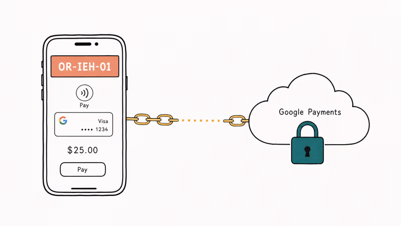 Hand-drawn phone with OR-IEH-01 banner connected to a locked Google Payments cloud above