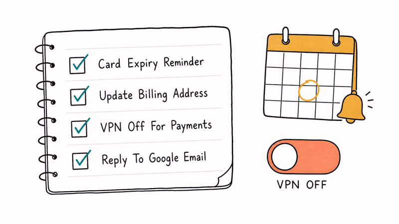 Hand-drawn checklist of four prevention habits with calendar reminder and VPN toggle off icons