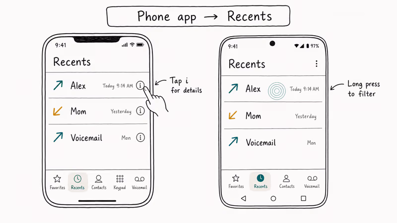 Hand drawn iPhone and Android phones displaying their Recents call history tabs side by side.