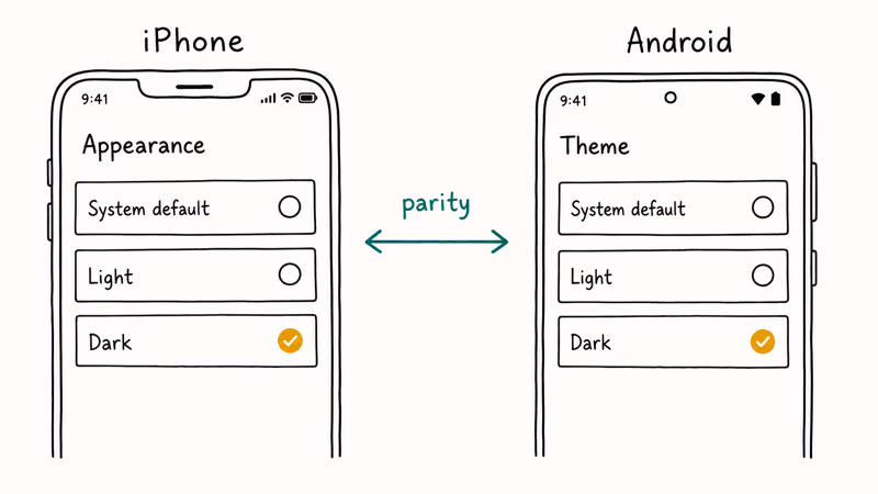 iPhone and Android showing Outlook mobile theme screens with Dark selected.
