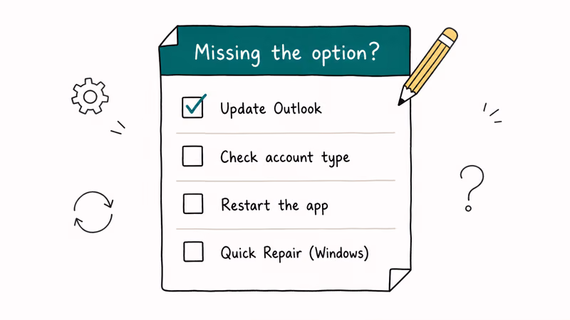 Hand-drawn troubleshooting checklist card showing four steps to restore the Outlook Dark Mode option.
