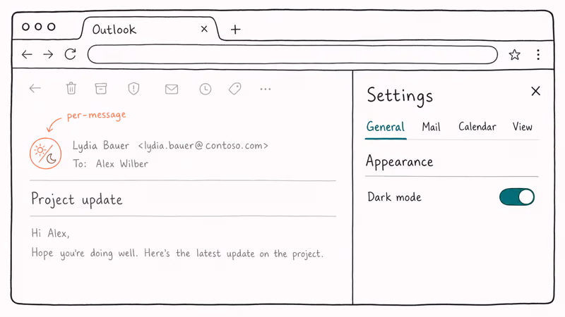 Outlook Web settings panel with Dark mode toggle and a coral per-message sun-moon icon callout.