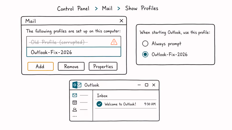 Mail Profiles dialog showing a corrupted old profile next to a fresh selected Outlook profile.