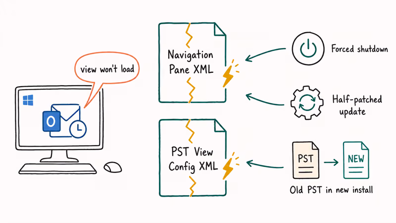 Diagram showing two corrupted Outlook XML config files cracked by three common Windows trigger events.