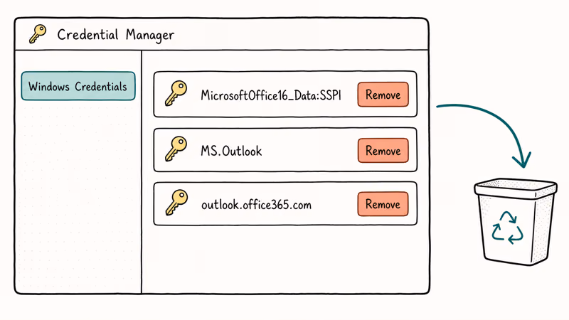 Sketch of Windows Credential Manager listing Outlook entries being removed with arrow to trash icon