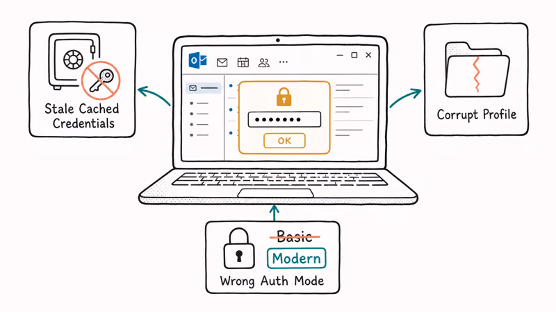 Hand drawn diagram showing three Outlook password prompt causes around a laptop with credential modal