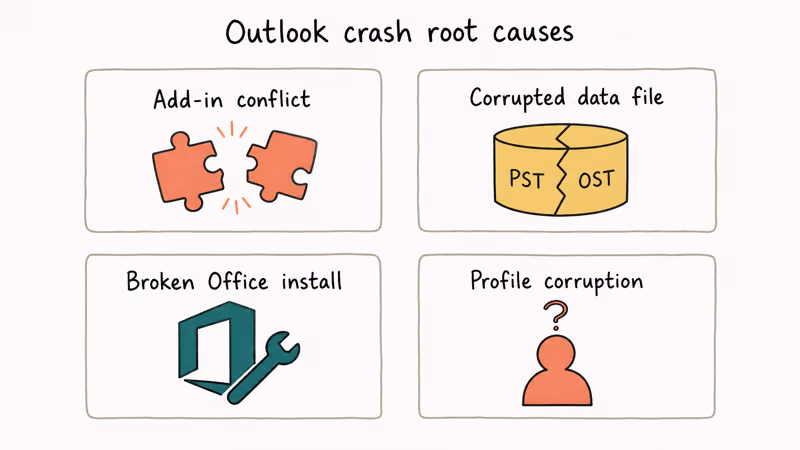 Four hand-drawn cards showing Outlook crash root causes: add-ins, data files, install, profile.