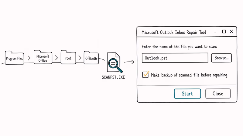 Hand-drawn SCANPST tool with file path breadcrumb and backup checkbox before repairing a PST file.