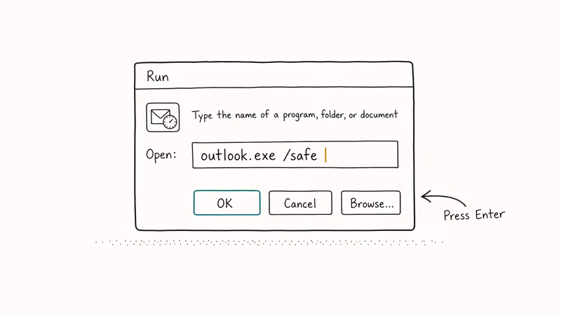Windows Run dialog with the outlook.exe slash safe command typed before launching Safe Mode