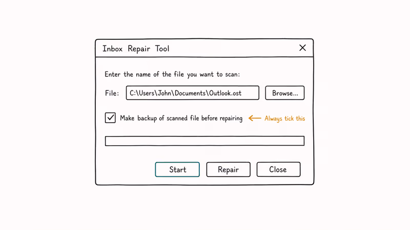Inbox Repair Tool window with browse field and the make backup checkbox ticked before repair