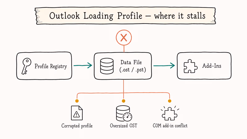Hand-drawn diagram of Outlook startup phases showing where Loading Profile freezes occur most often
