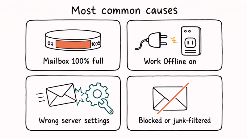 Hand-drawn 2x2 grid of four common causes Outlook stops receiving email on desktop.