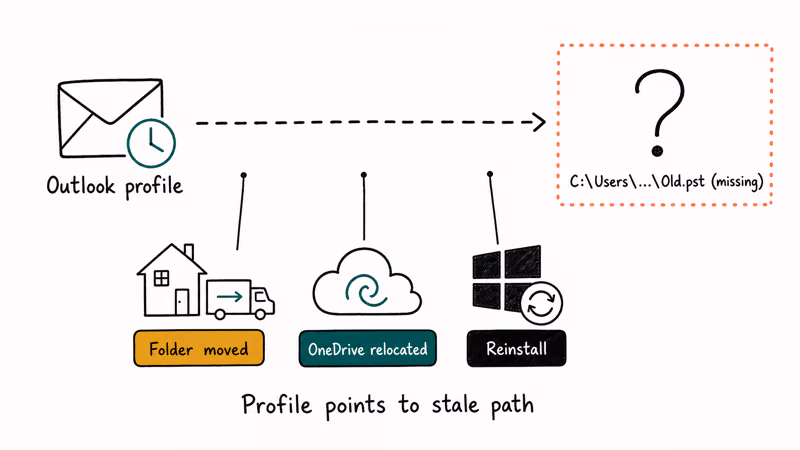 Hand-drawn Outlook profile pointing to missing PST file triggers.