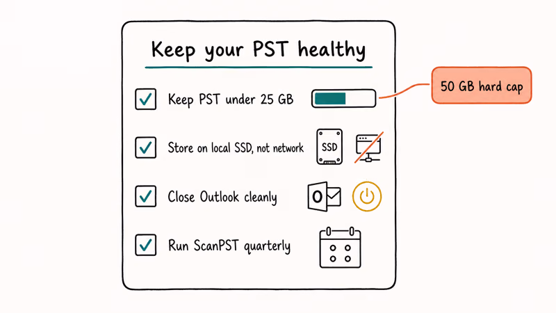 Hand-drawn checklist for preventing Outlook PST corruption and size issues.