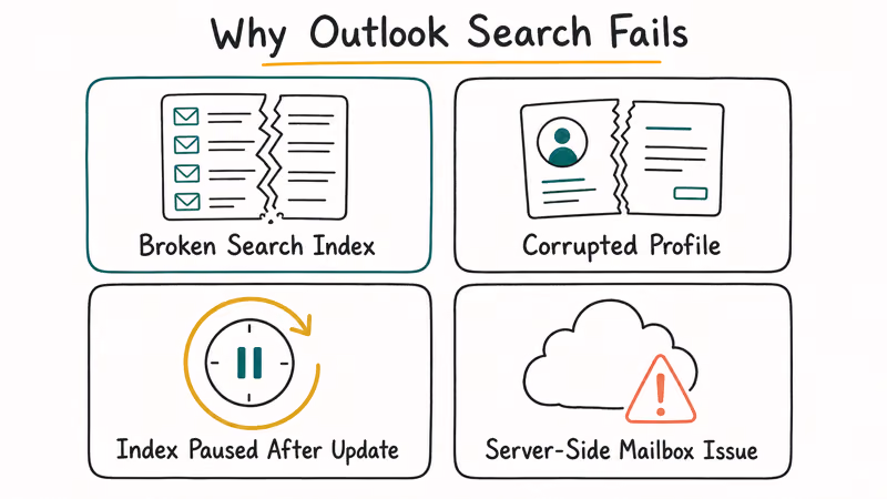 Four common causes of Outlook search failures on Windows 11 shown as labeled cards