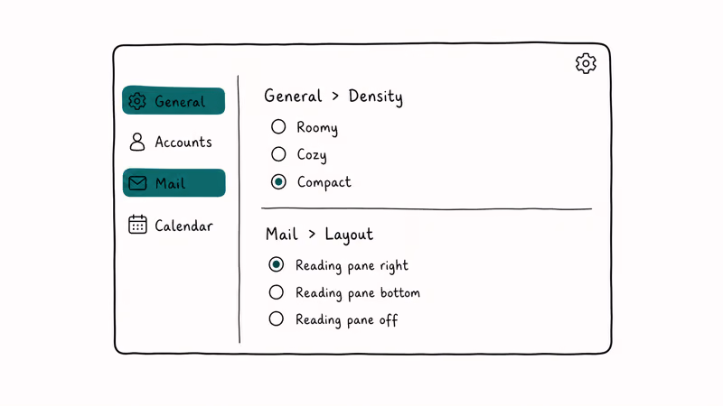 Hand-drawn new Outlook Settings panel showing density and reading pane options