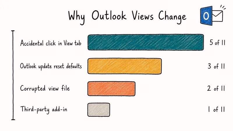 Hand-drawn bar chart showing common Outlook view change causes
