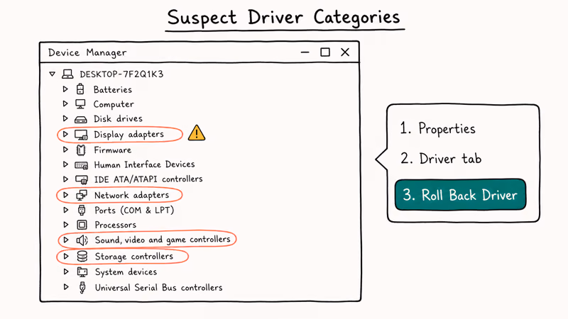 Device Manager view highlighting four driver categories that commonly cause page fault crashes on Windows
