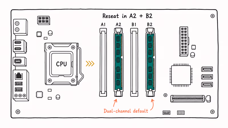 Motherboard diagram showing dual channel RAM slots A2 and B2 with retention clips drawn