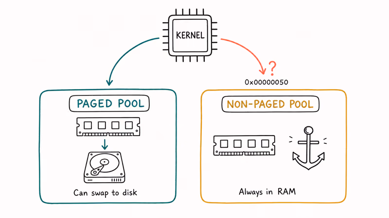 Diagram comparing Windows paged and non-paged memory pools with kernel access arrows pointing to RAM