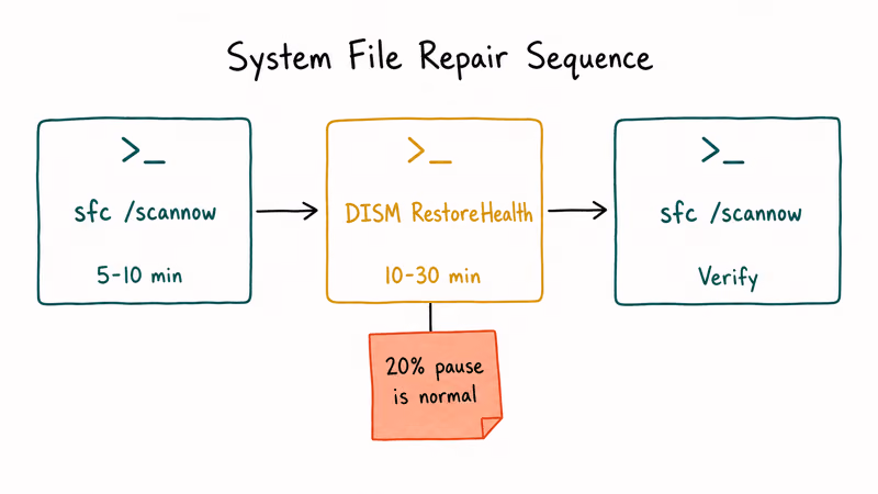 Sequence diagram of sfc scannow then DISM RestoreHealth then sfc with elapsed minutes per step