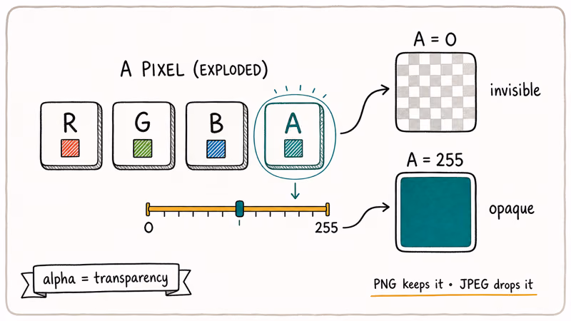 Hand-drawn diagram showing RGBA pixel with alpha channel slider mapping zero to invisible