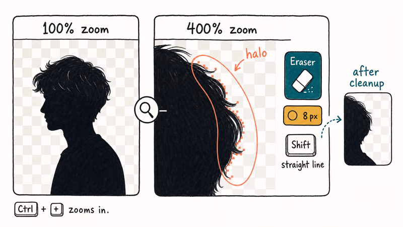 Hand-drawn split panel showing portrait edge zoom with eraser cleanup