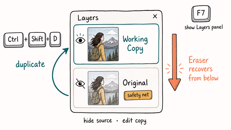 Hand-drawn layers panel showing duplicated working copy above original layer with Ctrl Shift D keycap