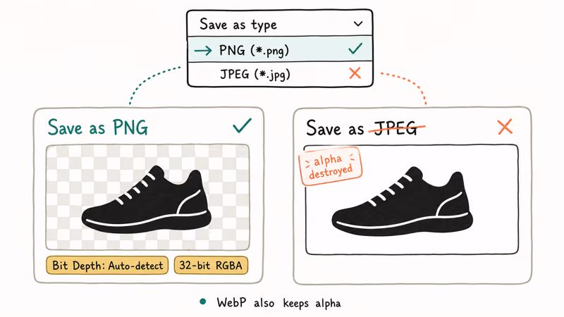 Hand-drawn comparison of PNG keeping checkerboard transparency versus JPEG filling white background