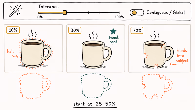 Three hand-drawn thumbnails comparing Magic Wand tolerance ten thirty seventy percent on coffee mug