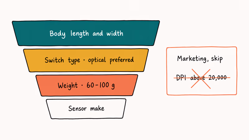 Hand-drawn priority pyramid ranking palm grip mouse specs.
