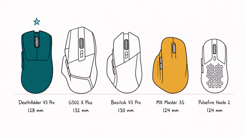 Hand-drawn lineup of five 2026 palm grip mice with body lengths labeled in millimeters.