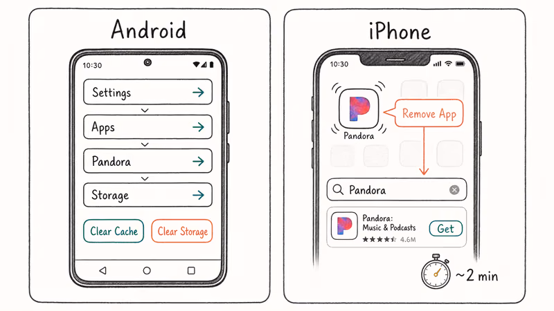 Android cache breadcrumb beside iPhone delete and reinstall sequence for Pandora