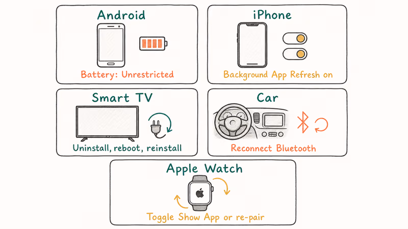 Five device tiles with Pandora fixes for Android iPhone smart TV car and Apple Watch