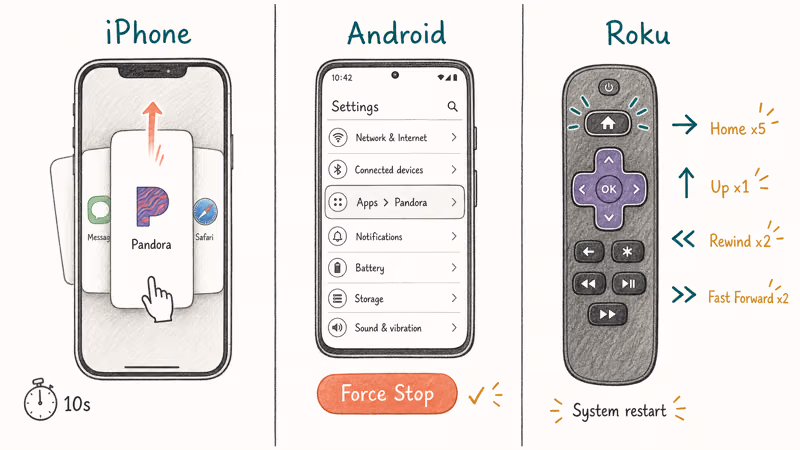 Three panels comparing Pandora force quit gestures on iPhone Android and Roku remote