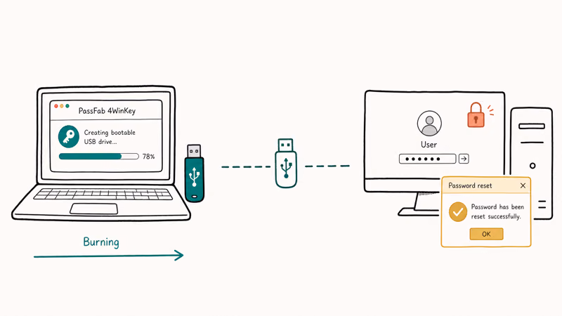 Laptop creating PassFab bootable USB with arrow to a locked PC booting from USB and reaching the password