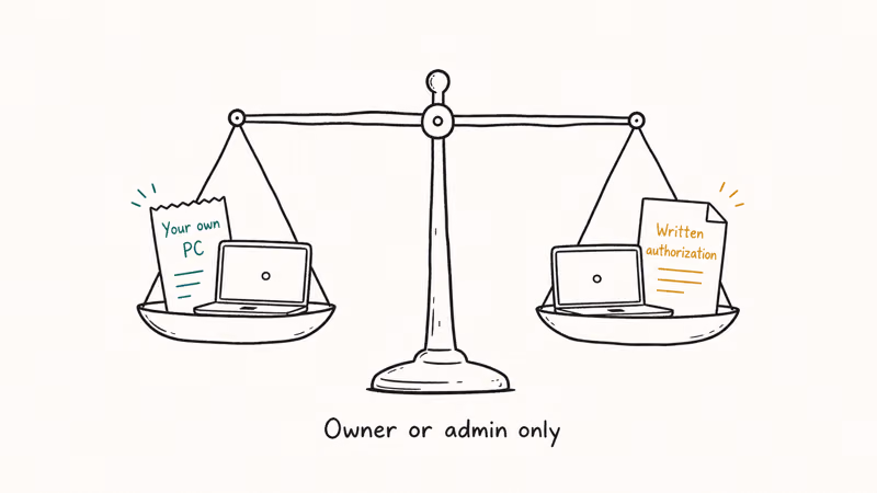 Balance scale comparing personally owned PC with receipt against corporate PC with written policy authorization note