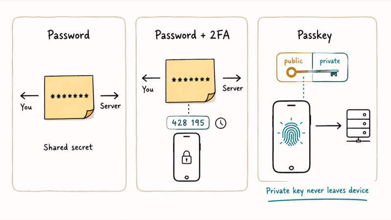 Three card panels comparing password, password with 2FA code, and passkey credential designs side by side