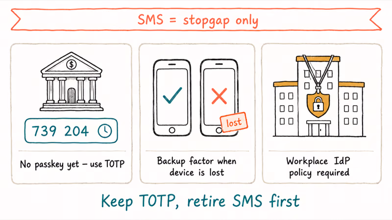 Three scenario cards showing when authenticator app TOTP is still needed and when SMS should be retired