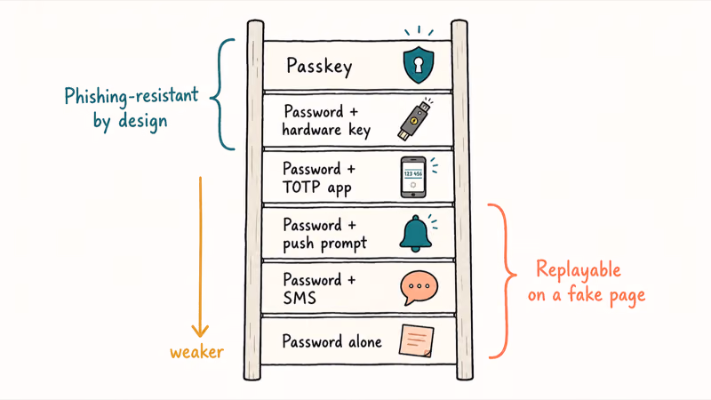 Vertical ladder ranking six sign-in methods from passkey at top to password alone at bottom