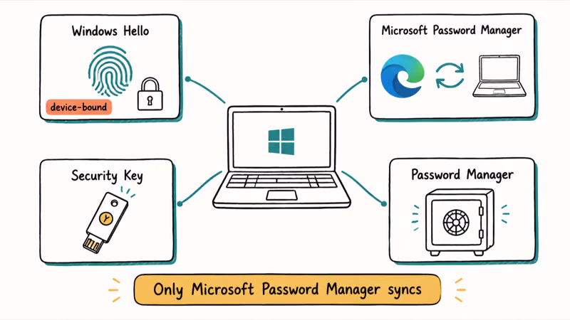 Illustration of four Windows passkey storage options around a laptop with sync labels