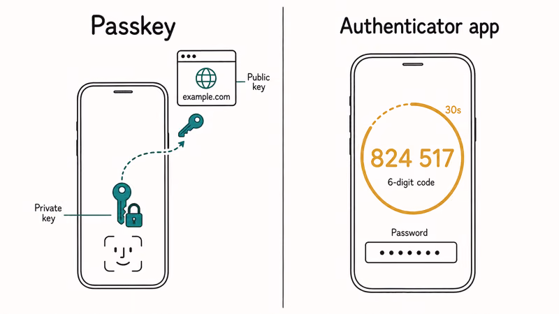 Two phones compared, a passkey key pair beside a rotating six-digit authenticator code with timer