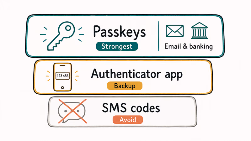 A layered security stack with passkeys on top, authenticator app as backup, and SMS codes crossed out