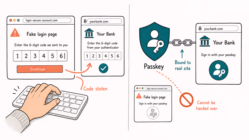 A fake login page steals a typed code while a domain-bound passkey shield blocks the relay attack