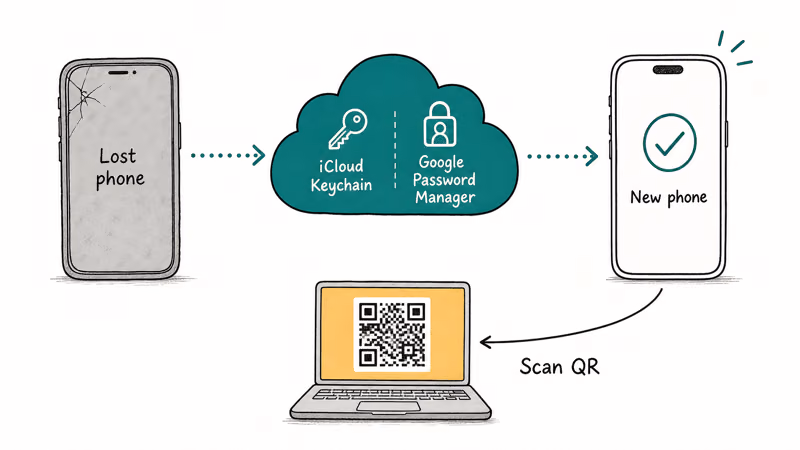 A lost phone recovers passkeys through cloud sync to a new phone, with a QR cross-device sign-in cue
