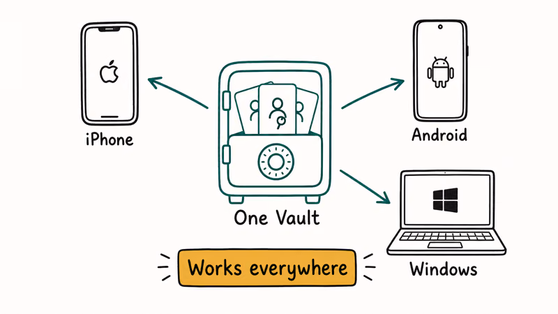 One password manager vault syncing passkeys to an iPhone, Android phone, and Windows laptop