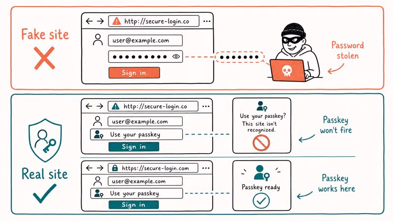 Password stolen by a fake login page while a passkey refuses the wrong domain